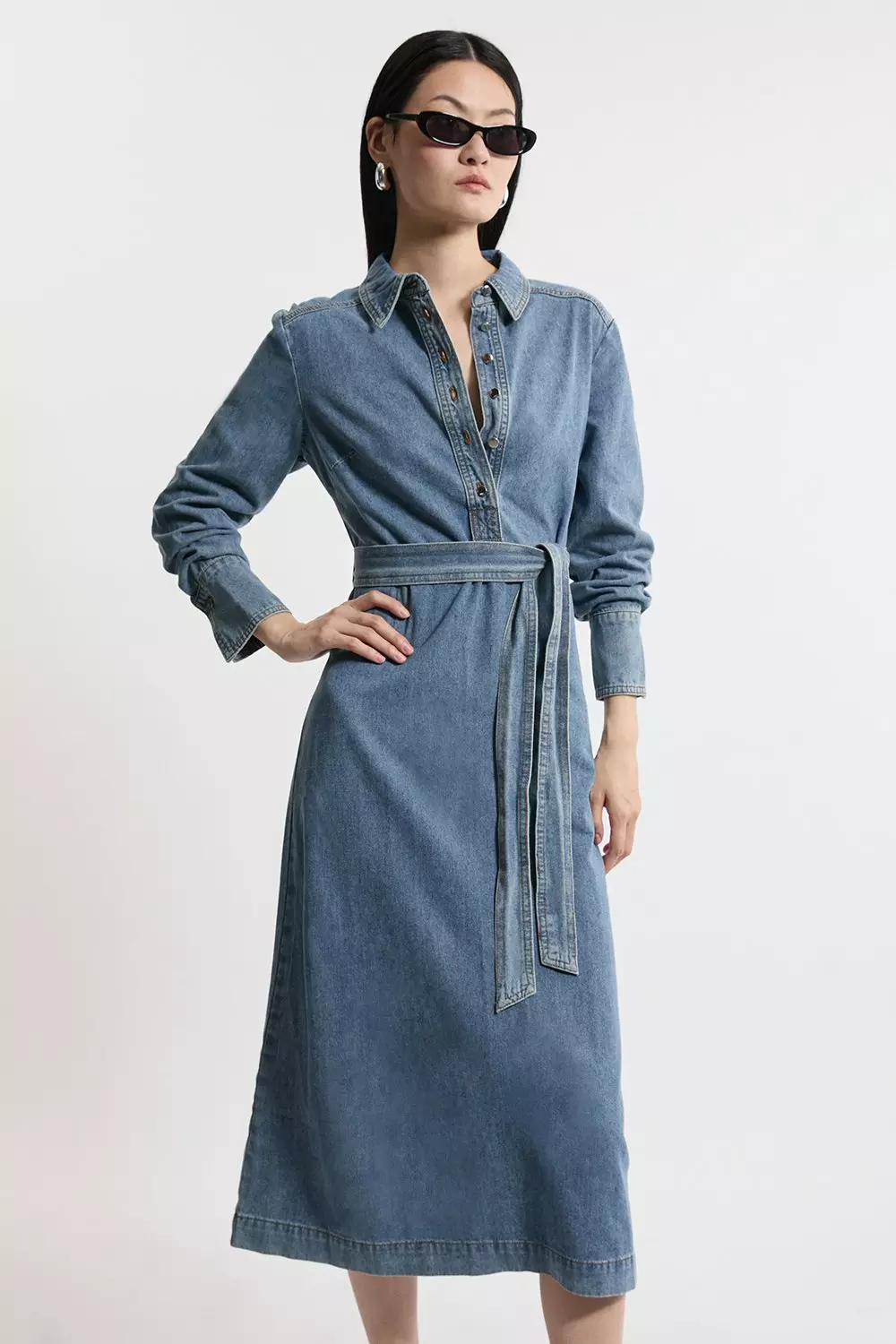 Denim Belted Maxi Shirt Dress | Karen Millen